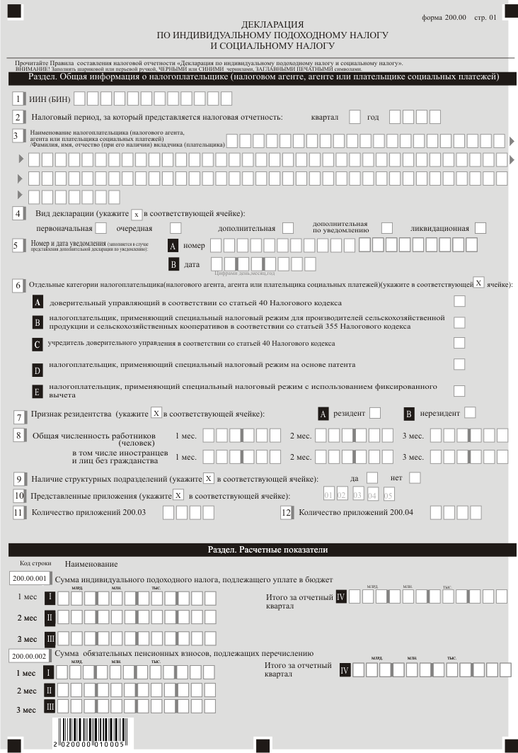 Категория 200 форма. Форма 200/у. Декларация по индивидуальному и социальному налогу форма 200. Декларация форма 200 -01-05 бланки. Бланк 200_1.